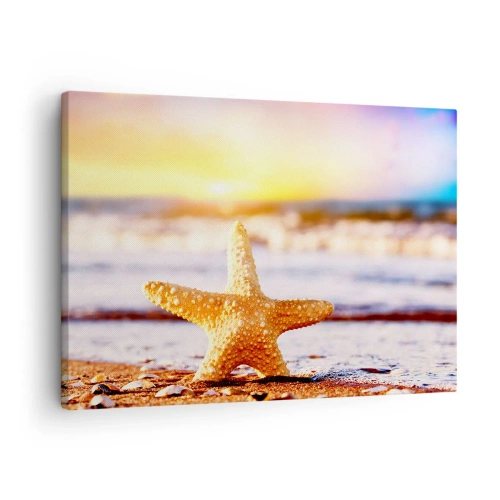 Obraz na płótnie - Rozgwiazda na piaszczystej plaży w blasku zachodzącego słońca - 70x50cm - Morski podarunek - Nowoczesna dekoracja ścienna do salonu i sypialni ARTTOR