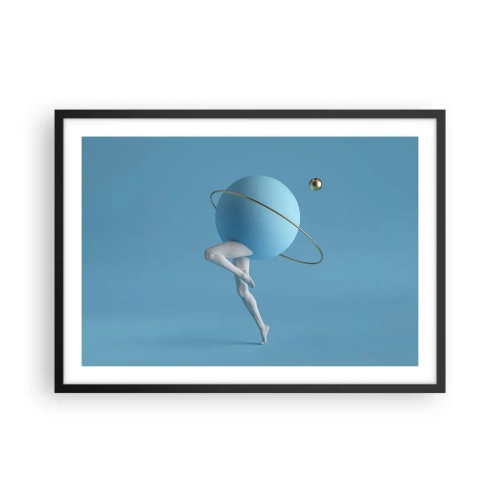Plakat w czarnej ramie - Niebieska kula z orbitą i ludzkimi nogami na tle nieba - 70x50cm - A planety szaleją - Nowoczesna dekoracja ścienna do salonu i sypialni ARTTOR