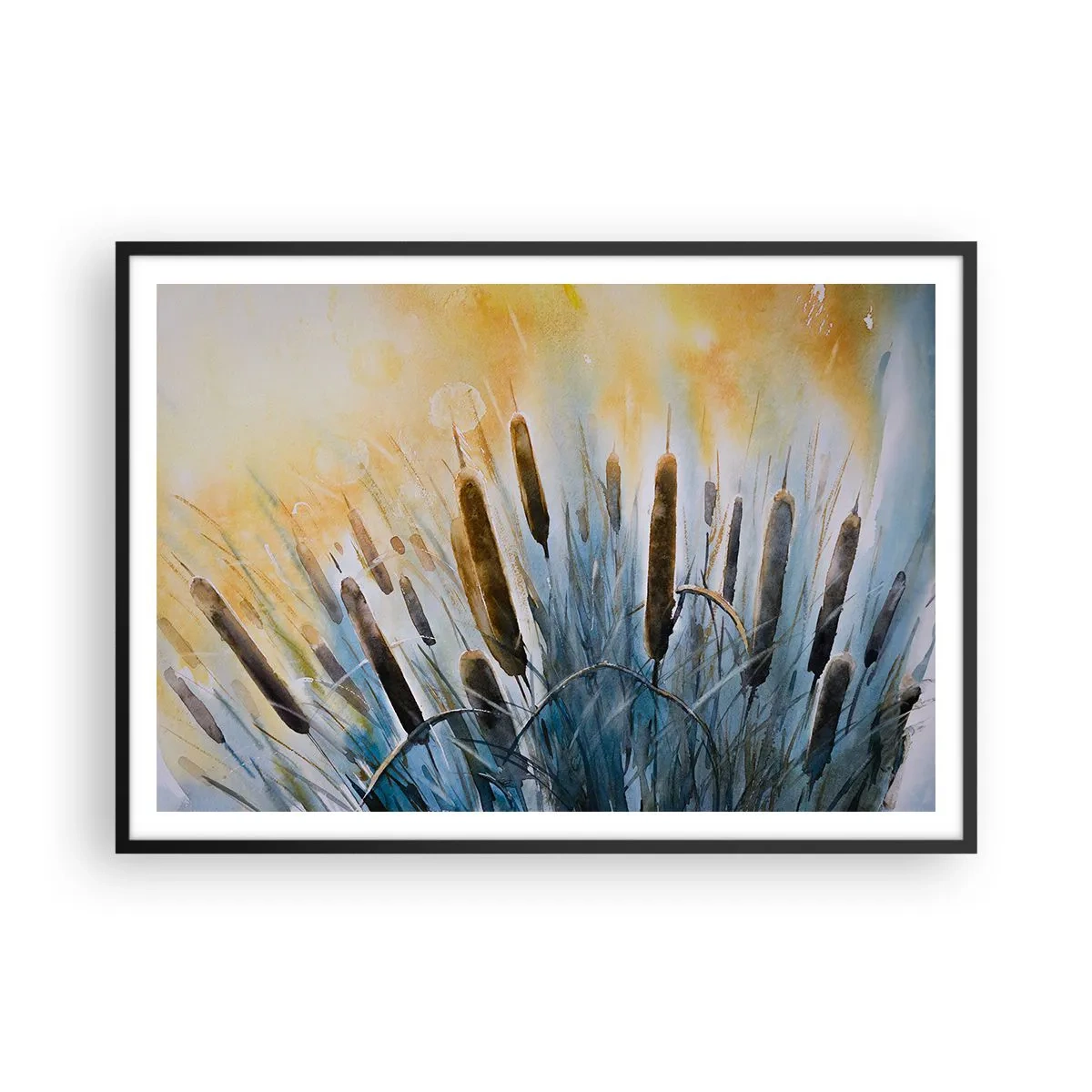 Plakat w czarnej ramie - Malownicze trzciny w promieniach słońca - 100x70cm - Chłód wody, słońca żar - Nowoczesna dekoracja ścienna do salonu i sypialni ARTTOR
