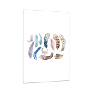 Obraz na szkle - Kolorowe pióra w artystycznym stylu na białym tle - 50x70cm - Lekkie, pstrokate i wielobarwne - Nowoczesna dekoracja ścienna do salonu, kuchni i sypialni ARTTOR