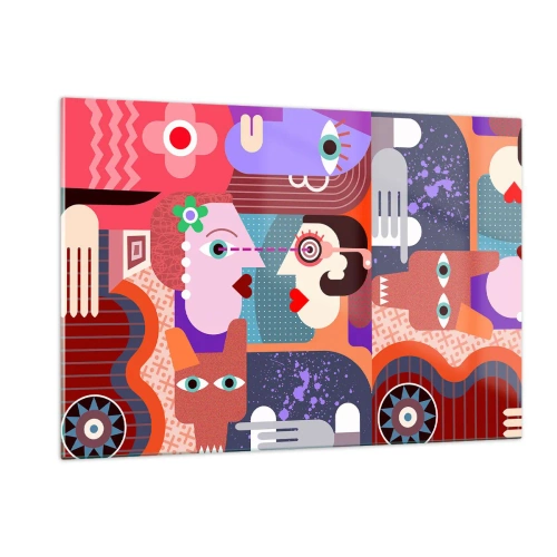 Obraz na szkle - Abstrakcyjna kompozycja twarzy i kształtów w intensywnych barwach - 120x80cm - Oko w oko - Nowoczesna dekoracja ścienna do salonu, kuchni i sypialni ARTTOR