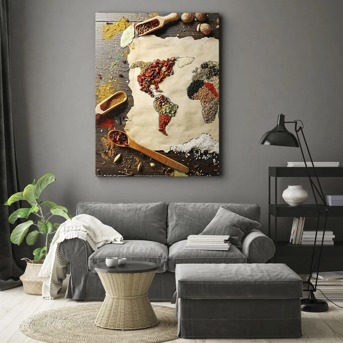 Obraz na płótnie - Mapa świata wykonana z przypraw na drewnianym tle - 80x120cm - Wszystkie smaki świata - Nowoczesna dekoracja ścienna do salonu i sypialni ARTTOR