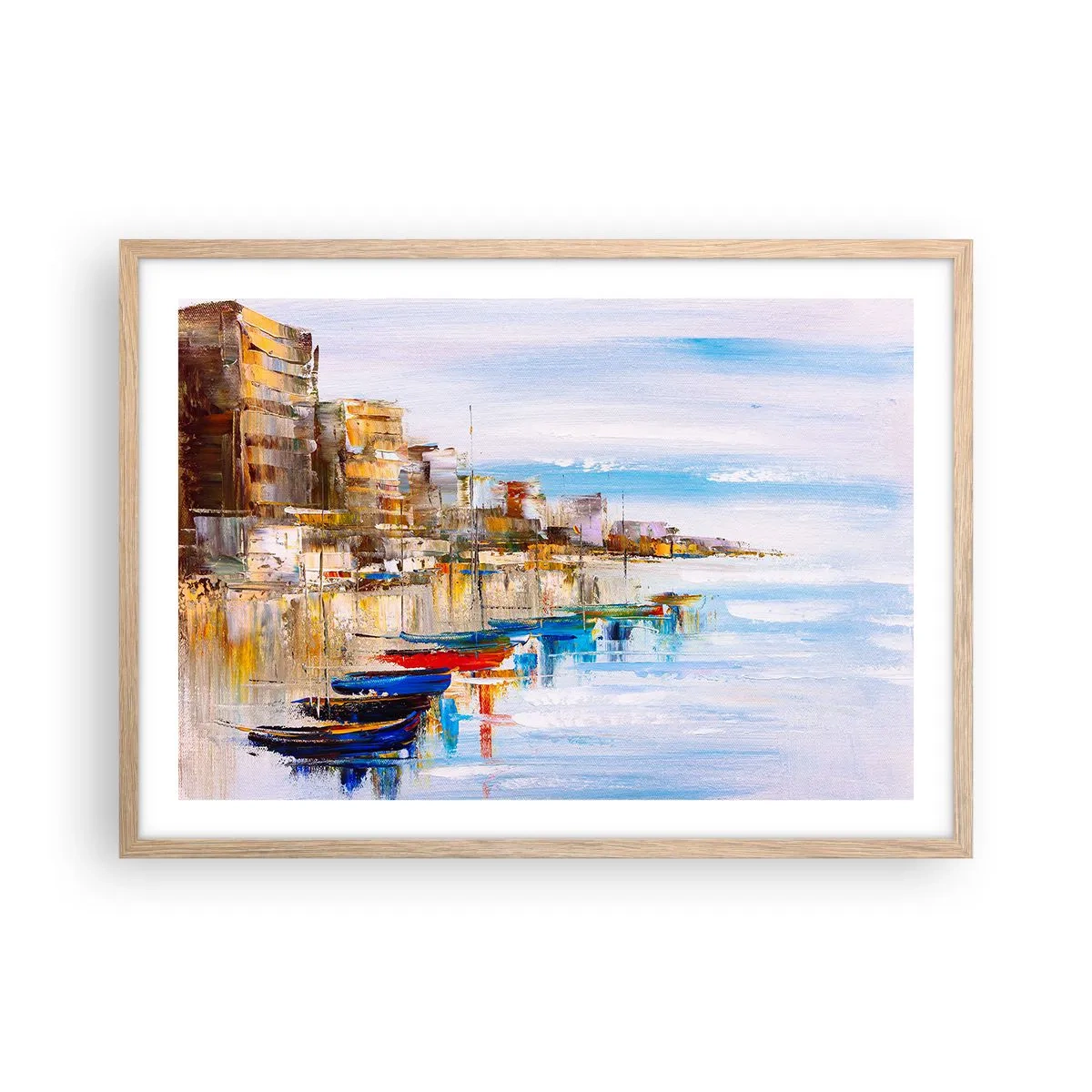 Plakat w ramie jasny dąb - Wielobarwna miejska przystań - 70x50 cm