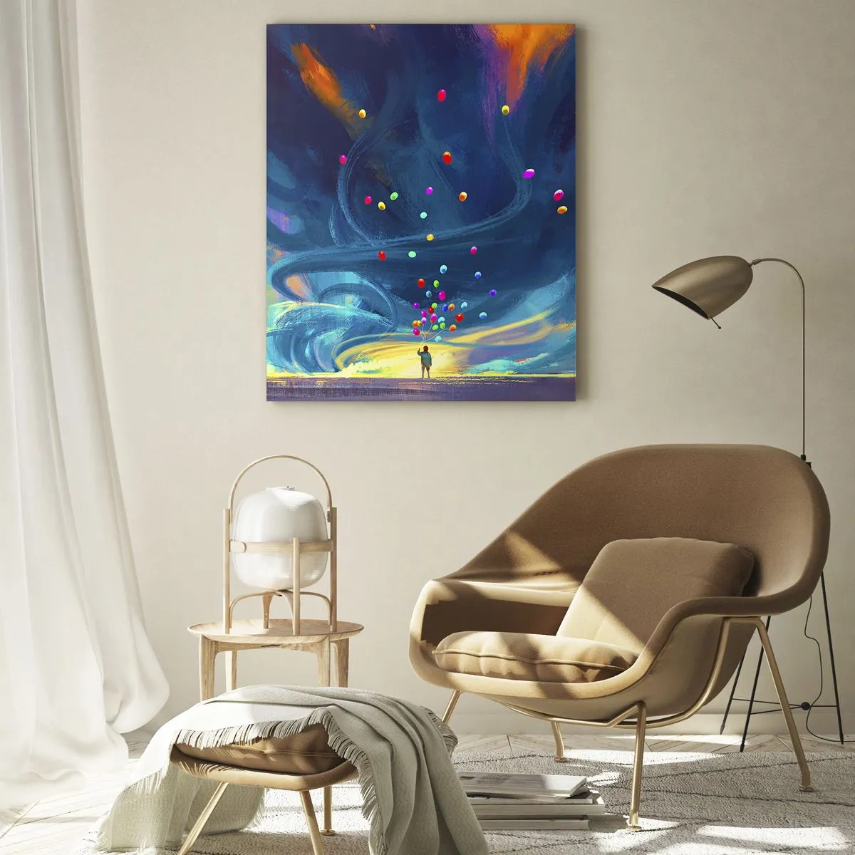 Obraz na szkle - Osoba trzymająca kolorowe balony na tle niebieskiego wiatru - 50x70cm - Na niebieski wiatr - Nowoczesna dekoracja ścienna do salonu, kuchni i sypialni ARTTOR
