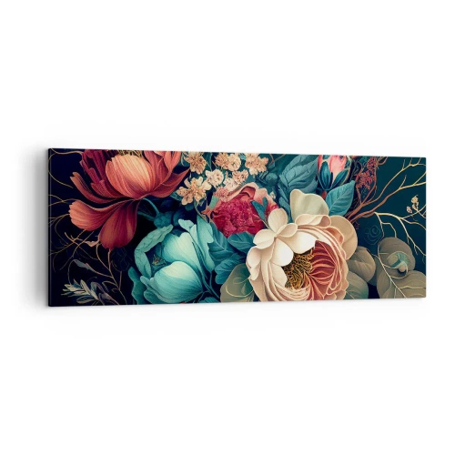 Obraz na płótnie - Barwna kompozycja kwiatów na ciemnym tle - 140x50cm - XIX-wieczny czar - Nowoczesna dekoracja ścienna do salonu i sypialni ARTTOR