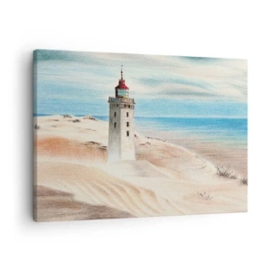 Obraz na płótnie - Latarnia morska w otoczeniu piaszczystych wydm i błękitnego nieba - 70x50cm - Zawsze wpatrzona w morze - Nowoczesna dekoracja ścienna do salonu i sypialni ARTTOR