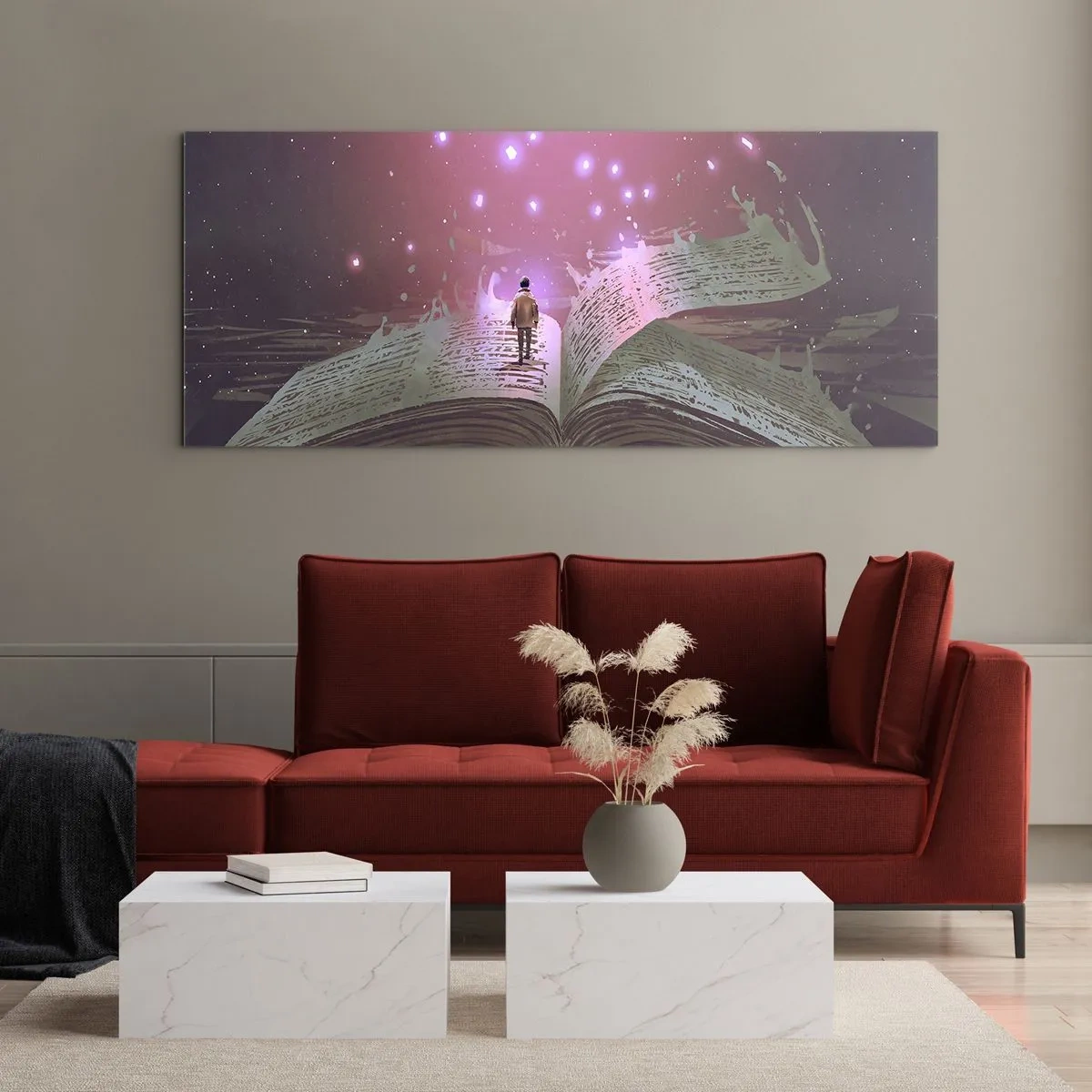 Obraz na szkle - Postać wchodząca na otwartą książkę w magicznym świetle - 120x50cm - Zaproszenie do innego świata - przeczytaj! - Nowoczesna dekoracja ścienna do salonu i sypialni ARTTOR