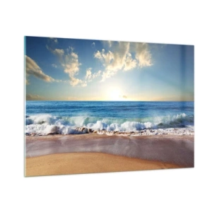 Obraz na szkle - Fale oceanu rozbijające się o złocistą plażę o wschodzie - 100x70cm - Ruch i bezruch zarazem - Nowoczesna dekoracja ścienna do salonu, kuchni i sypialni ARTTOR