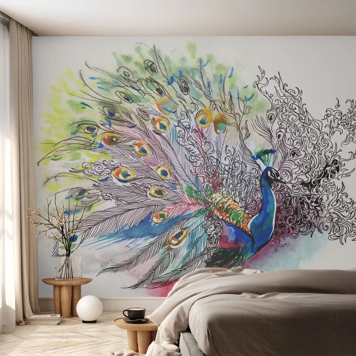 Fototapeta Premium Sand - Akwarelowa ilustracja pawia z fantazyjnym ogonem - 100x70cm - Z dumą przeciw szarości - Nowoczesna dekoracja ścienna do salonu, kuchni i sypialni ARTTOR