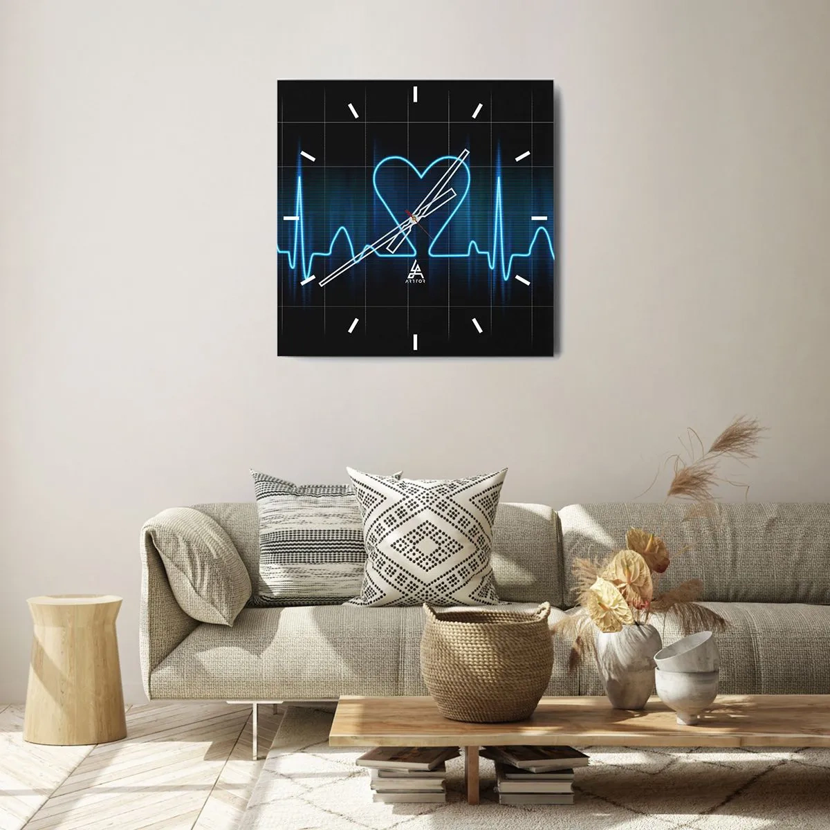 Zegar ścienny - Linia życia z sercem na tle monitoringu medycznego w odcieniach niebieskiego - 30x30cm - W rytmie serca - Nowoczesna dekoracja ścienna do salonu i sypialni ARTTOR
