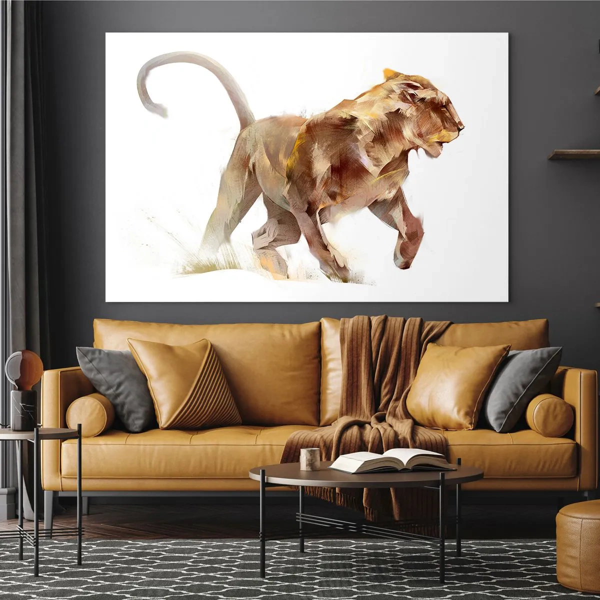 Obraz na szkle - Dynamiczna sylwetka lwa w artystycznym stylu na białym tle - 70x50cm - Dzika gracja - Nowoczesna dekoracja ścienna do salonu i sypialni ARTTOR