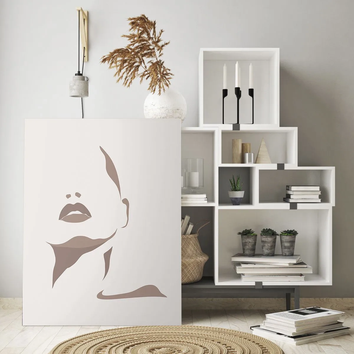 Obraz na szkle - Zarys kobiecej twarzy i szyi w minimalistycznym stylu - 50x70cm - Stworzona ze światła i cienia - Nowoczesna dekoracja ścienna do salonu, kuchni i sypialni ARTTOR