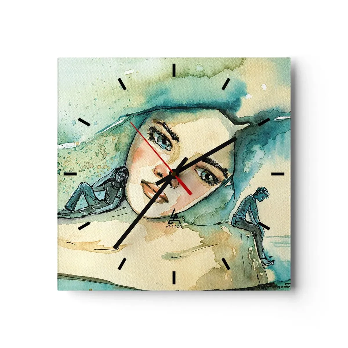 Zegar ścienny - Akwarela twarzy kobiety z refleksyjnym motywem - 30x30cm - Am I blue? - Nowoczesna dekoracja ścienna do salonu i sypialni ARTTOR