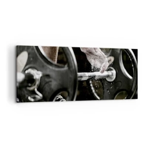 Obraz na płótnie - Hantle i ręce sportowca przygotowujące się do treningu - 120x50cm - Wyzwanie podjęte! - Nowoczesna dekoracja ścienna do salonu i sypialni ARTTOR