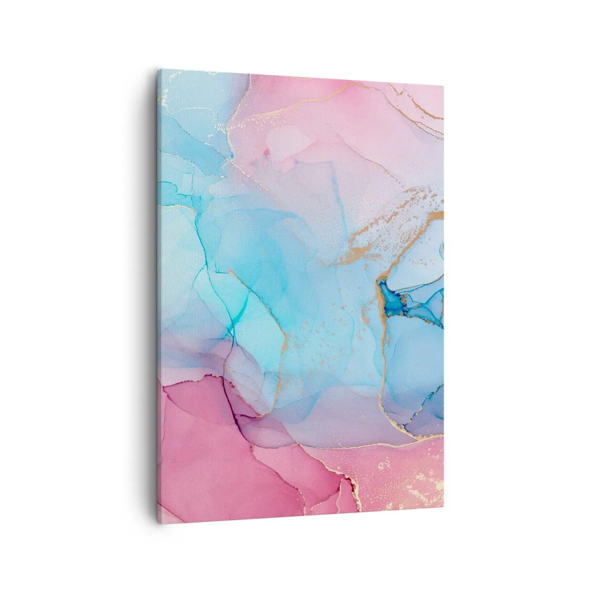 Obraz na płótnie - Abstrakcyjne połączenie różu, błękitu i złotych akcentów - 50x70cm - Spotkanie i przenikanie - Nowoczesna dekoracja ścienna do salonu, kuchni i sypialni ARTTOR