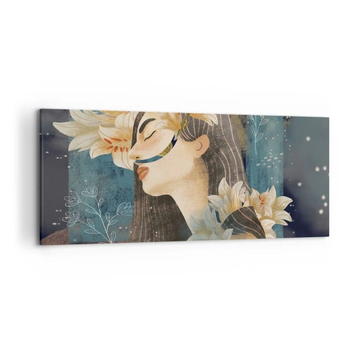 Obraz na płótnie - Portret kobiety z kwiatami w artystycznym stylu na ciemnym tle - 120x50cm - Baśń o królewnie z liliami - Nowoczesna dekoracja ścienna do salonu i sypialni ARTTOR