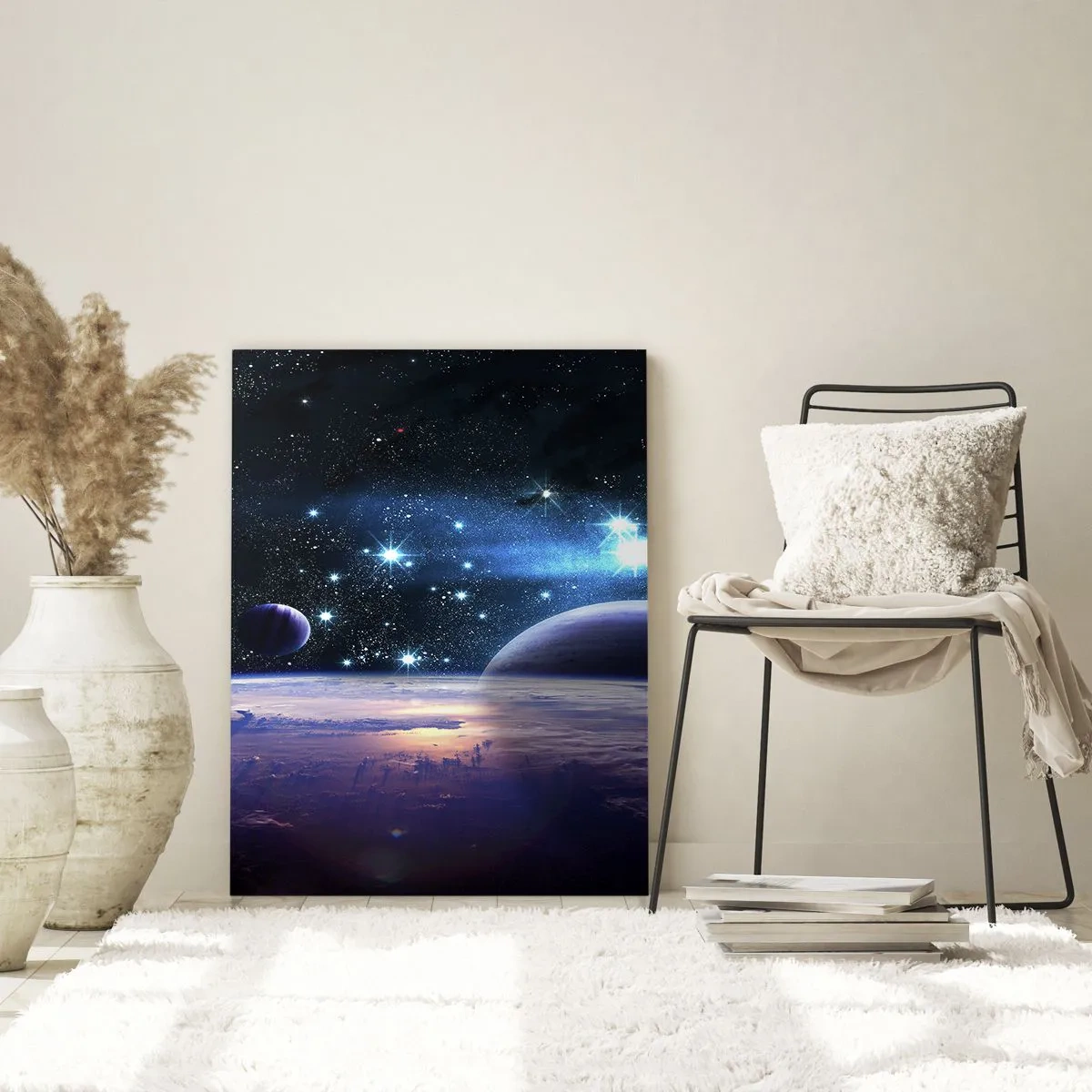 Obraz na szkle - Kosmiczny pejzaż z planetami i gwiazdami na tle galaktyki - 50x70cm - Wciąż sami? - Nowoczesna dekoracja ścienna do salonu, kuchni i sypialni ARTTOR