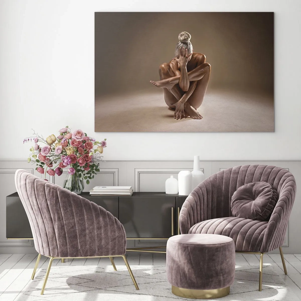 Obraz na szkle - Zmysłowa kobieta w pozie artystycznej na tle cienia - 70x50cm - Jedność ciała i ducha - Nowoczesna dekoracja ścienna do salonu i sypialni ARTTOR