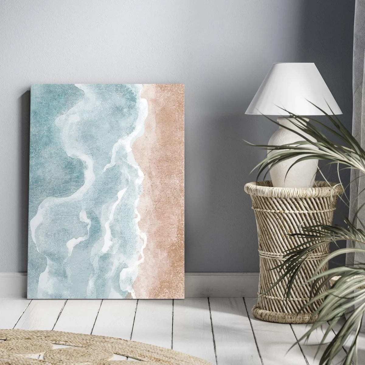 Obraz na płótnie - Abstrakcyjna plaża z falami w odcieniach błękitu i beżu - 70x100cm - Abstrakcja obłoczna - Nowoczesna dekoracja ścienna do salonu i sypialni ARTTOR