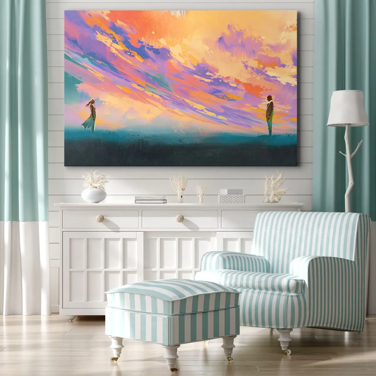 Obraz na płótnie - Dynamiczna scena z postaciami na tle kolorowego nieba o zachodzie słońca - 100x70cm - Siła przyciągania - Nowoczesna dekoracja ścienna do salonu, kuchni i sypialni ARTTOR