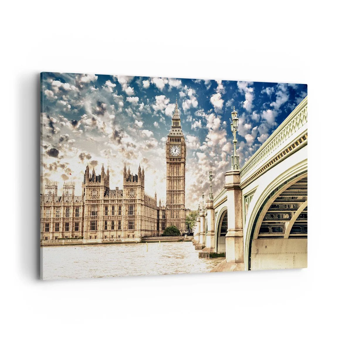 Obraz na płótnie - Big Ben i Westminster Bridge oświetlone słońcem w Londynie - 120x80cm - Pierzaste obłoki nad  Tamizą - Nowoczesna dekoracja ścienna do salonu, kuchni i sypialni ARTTOR