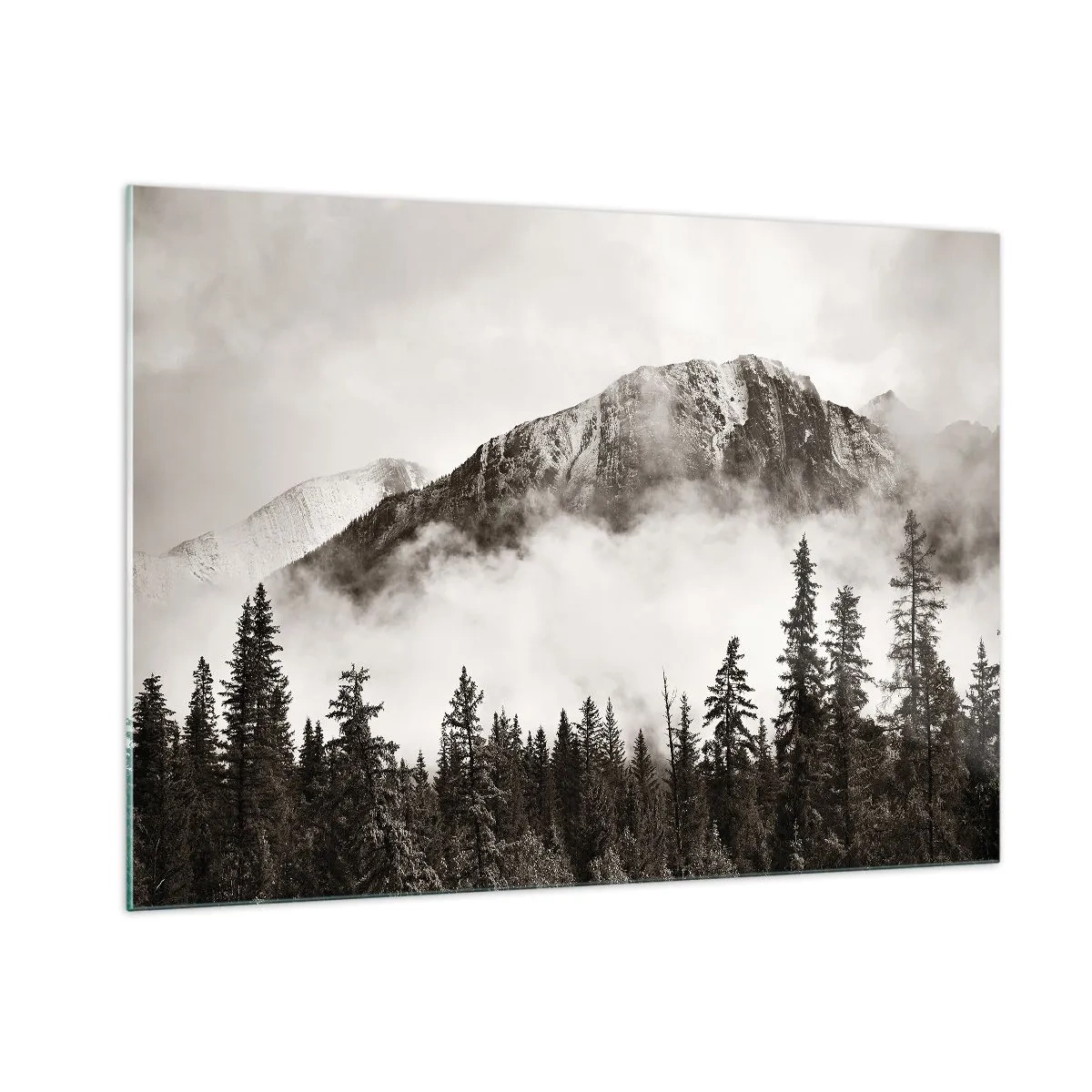 Obraz na szkle - Górski krajobraz z lasem i mgłą w odcieniach sepii - 100x70cm - Granitowy władca - Nowoczesna dekoracja ścienna do salonu, kuchni i sypialni ARTTOR