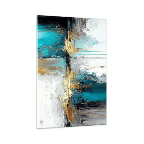 Obraz na szkle - Abstrakcyjna kompozycja z turkusem i złotymi akcentami - 70x100cm - Wszystko płynie - Nowoczesna dekoracja ścienna do salonu i sypialni ARTTOR