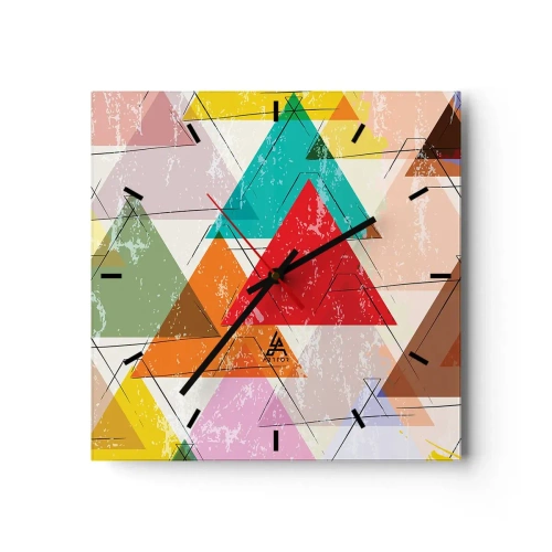 Zegar ścienny - Kolorowa abstrakcja z geometrycznymi trójkątami - 30x30cm - Trzy po trzy - Nowoczesna dekoracja ścienna do salonu i sypialni ARTTOR