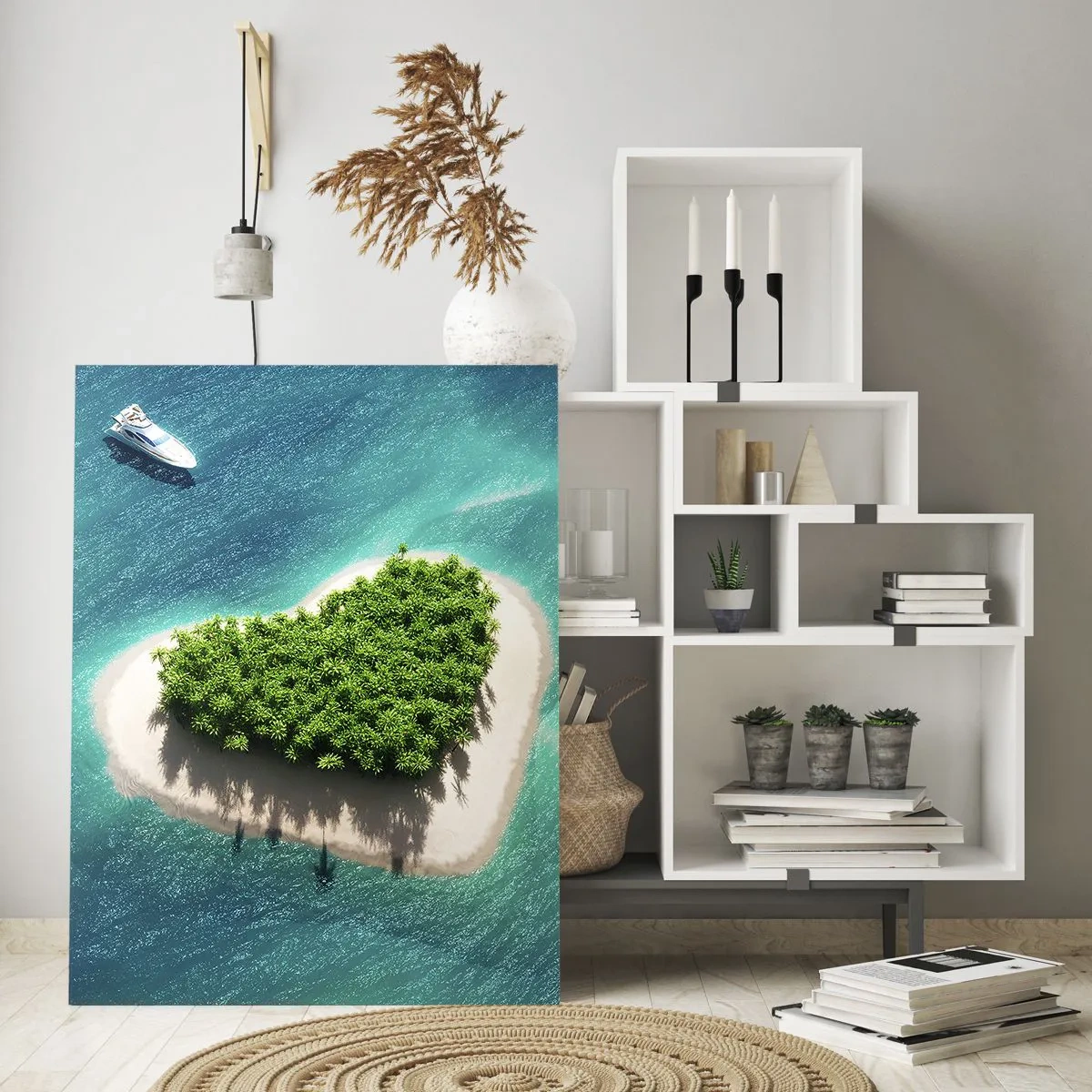 Obraz na szkle - Romantyczna wyspa w kształcie serca na turkusowym morzu - 70x100cm - Kocham lato - Nowoczesna dekoracja ścienna do salonu i sypialni ARTTOR