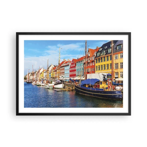 Plakat w czarnej ramie - Kolorowe kamienice nad kanałem z łodziami w słońcu - 70x50cm - Radosne nabrzeże - Nowoczesna dekoracja ścienna do salonu i sypialni ARTTOR