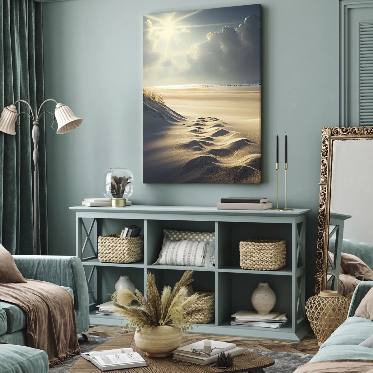 Obraz na płótnie - Słoneczny krajobraz pustynnych wydm o złocistych odcieniach - 50x70cm - Kojący pejzaż - Nowoczesna dekoracja ścienna do salonu, kuchni i sypialni ARTTOR