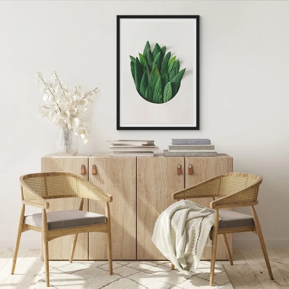 Plakat w czarnej ramie - Liście w artystycznej kompozycji na białym tle - 50x70cm - Nieposkromiona ciekawość - Nowoczesna dekoracja ścienna do salonu i sypialni ARTTOR
