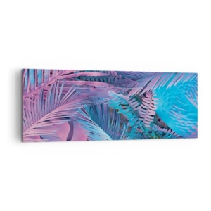 Obraz na płótnie - Tropikalne liście w odcieniach różu i błękitu - 140x50cm - Tropiki w różu i błękicie - Nowoczesna dekoracja ścienna do salonu i sypialni ARTTOR