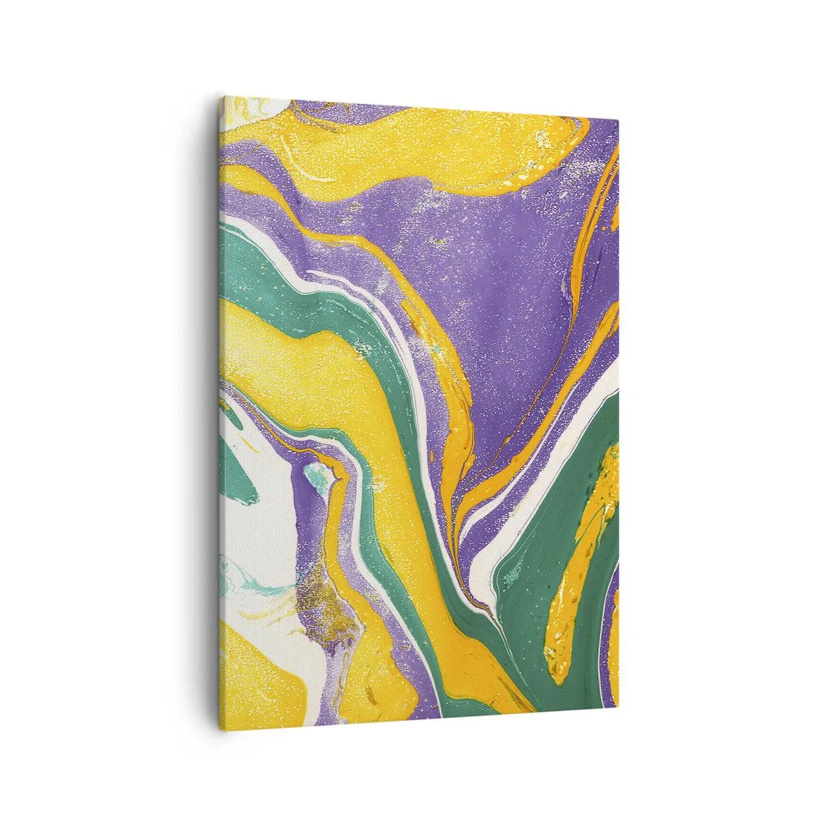 Obraz na płótnie - Abstrakcyjna kompozycja w stylu marmurkowym w odcieniach fioletu, złota i zieleni - 50x70cm - Fale barw - Nowoczesna dekoracja ścienna do salonu, kuchni i sypialni ARTTOR