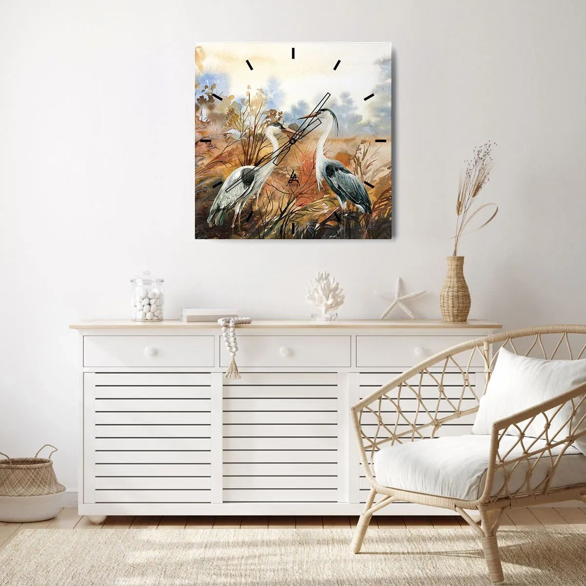 Zegar ścienny - Dwie czaple na tle jesiennego pejzażu - 30x30cm - Dokąd jesienią? - Nowoczesna dekoracja ścienna do salonu i sypialni ARTTOR
