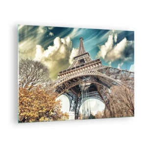 Obraz na szkle - Wieża Eiffla w jesiennej scenerii na tle dynamicznego nieba - 70x50cm - A jesienią w Paryżu... - Nowoczesna dekoracja ścienna do salonu i sypialni ARTTOR