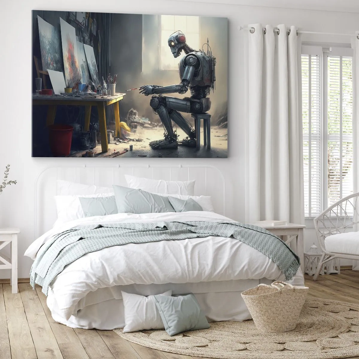 Obraz na płótnie - Robot malujący obraz w artystycznej pracowni - 120x80cm - Akt kreacji - Nowoczesna dekoracja ścienna do salonu, kuchni i sypialni ARTTOR