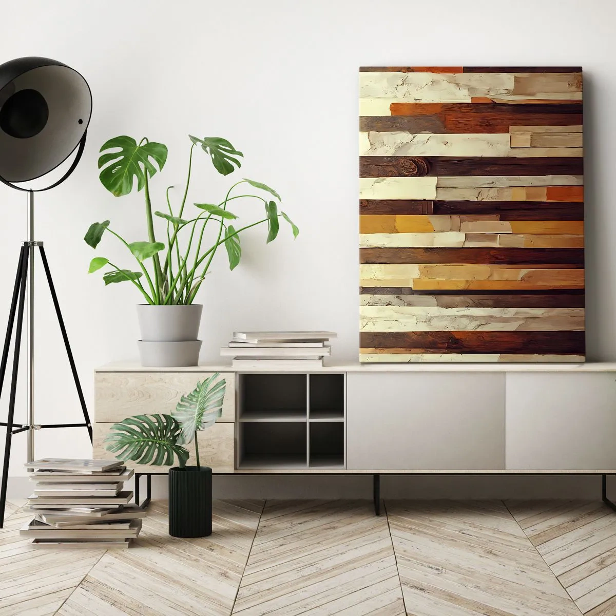 Obraz na płótnie - Abstrakcyjna kompozycja geometrycznych pasów w ciepłych odcieniach drewna - 50x70cm - Hymn leśnych drzew - Nowoczesna dekoracja ścienna do salonu, kuchni i sypialni ARTTOR