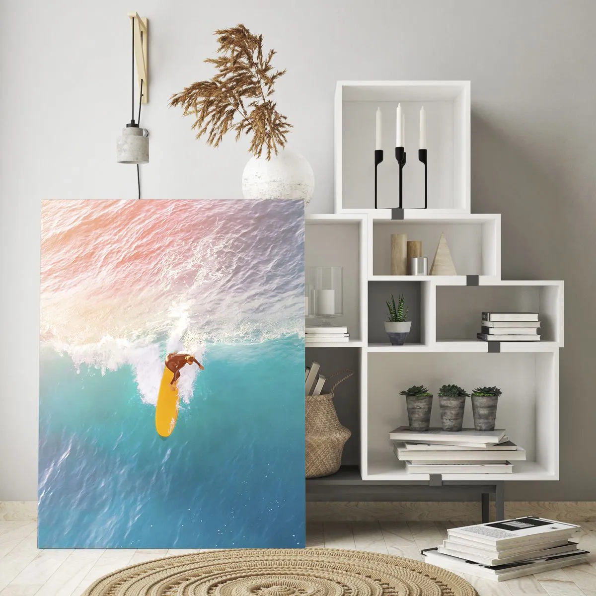 Obraz na szkle - Surfer na fali w pastelowych kolorach - 70x100cm - Oceaniczny jeździec - Nowoczesna dekoracja ścienna do salonu i sypialni ARTTOR