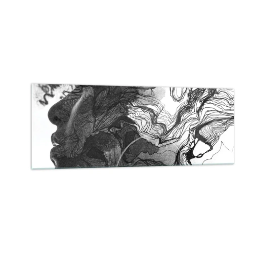 Obraz na szkle - Abstrakcyjna twarz w czerni i bieli z dynamicznymi liniami - 140x50cm - Zaplątana w marzeniach - Nowoczesna dekoracja ścienna do salonu i sypialni ARTTOR