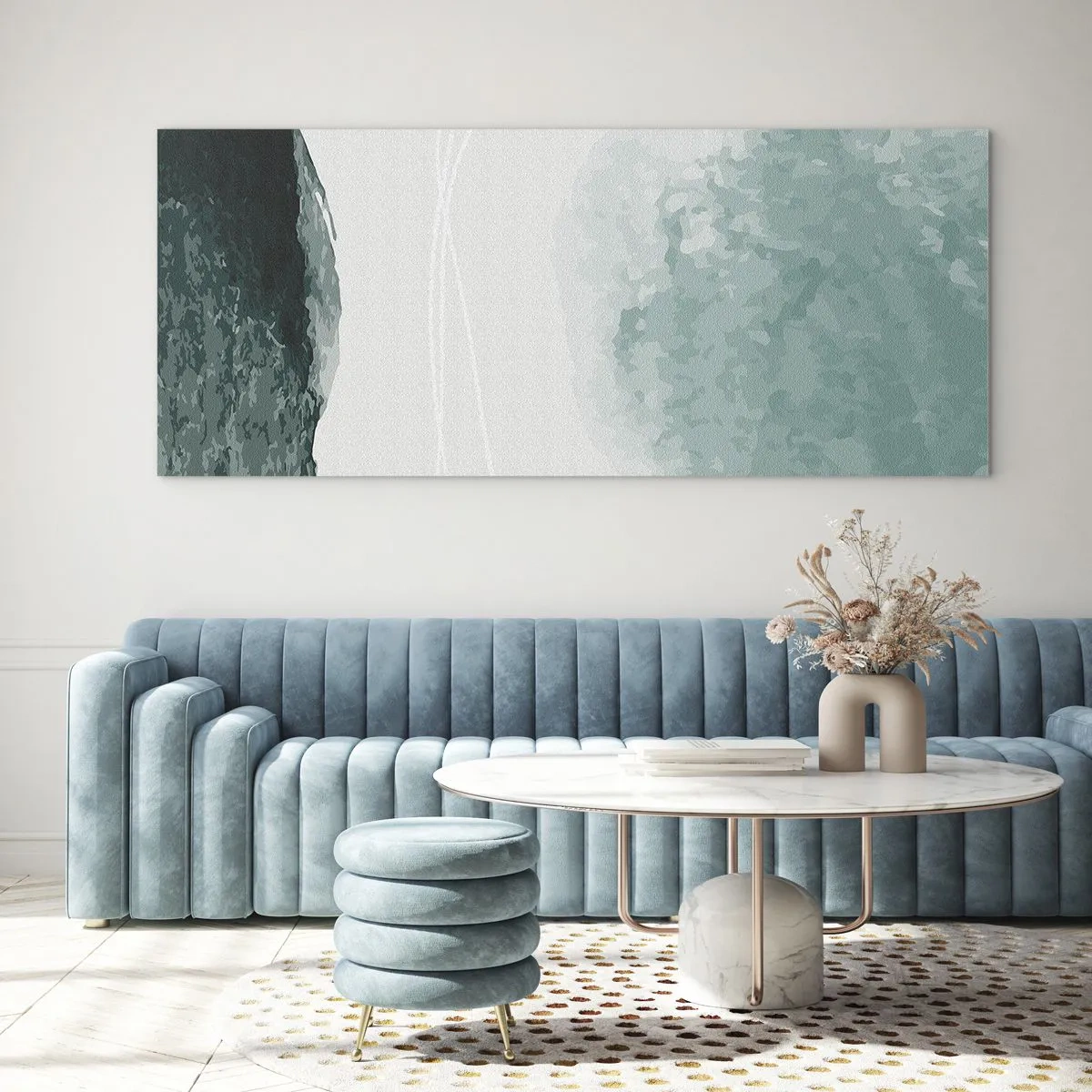 Obraz na szkle - Delikatna kompozycja abstrakcyjna w odcieniach zieleni z subtelnymi formami na jasnym tle - 120x50cm - Spotkanie z mgłą - Nowoczesna dekoracja ścienna do salonu i sypialni ARTTOR