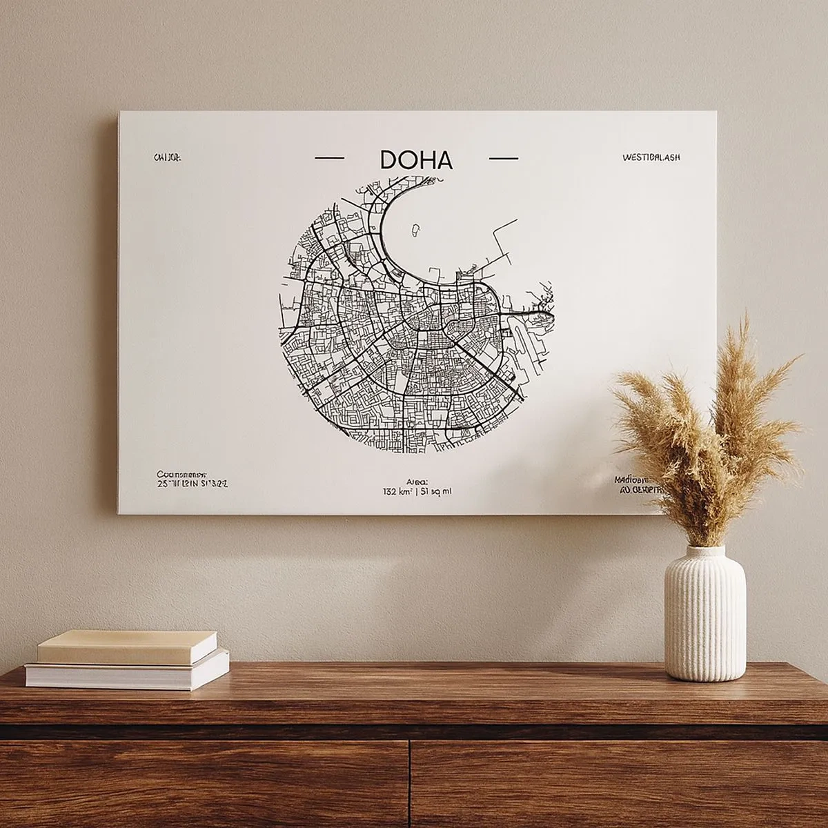 Obraz na płótnie - Minimalistyczna mapa Dohy w czarno-białej kolorystyce z precyzyjnymi detalami - 70x50cm - Anatomia Dohy - Nowoczesna dekoracja ścienna do salonu i sypialni ARTTOR