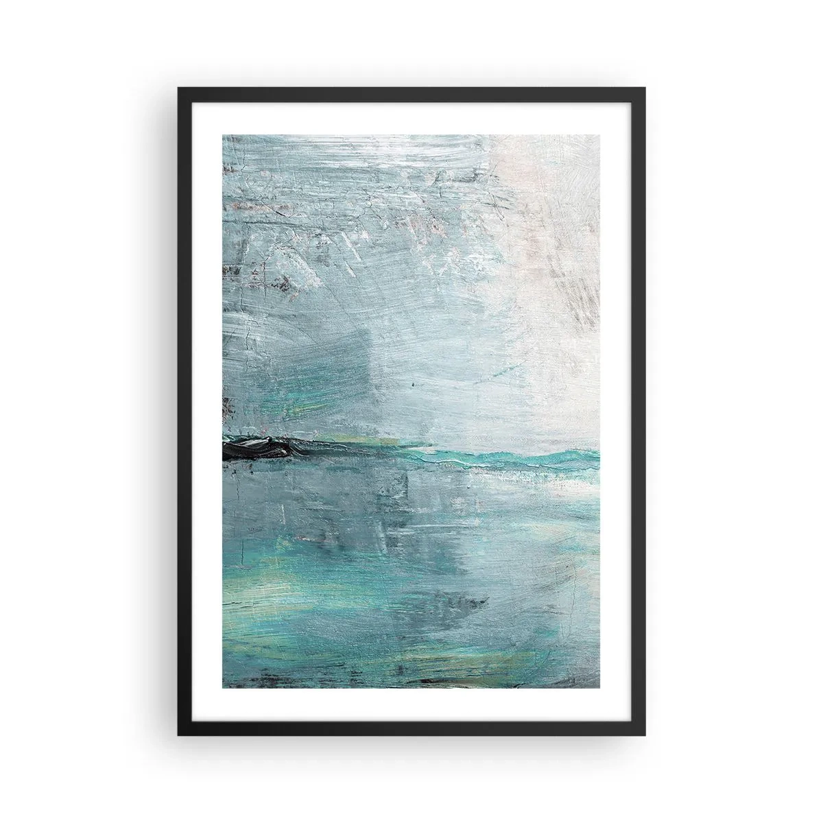 Plakat w czarnej ramie - Abstrakcyjny krajobraz w odcieniach błękitu i szarości - 50x70cm - Horyzontalnie w błękicie - Nowoczesna dekoracja ścienna do salonu i sypialni ARTTOR