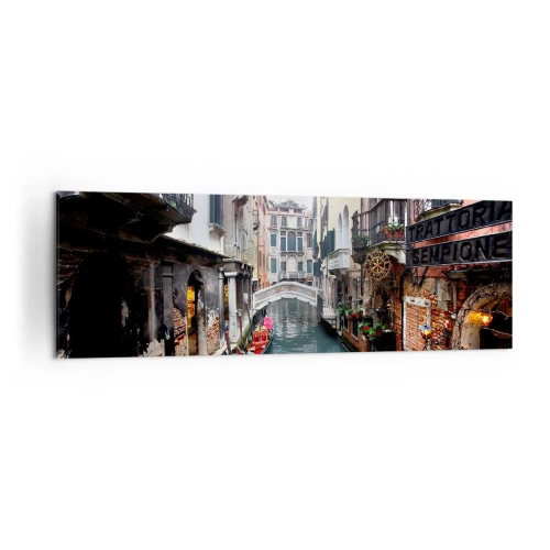 Obraz na płótnie - Kanał w Wenecji z gondolą i zabytkowymi kamienicami - 160x50cm - Pejzaż wenecki z gondolą i mostkiem - Nowoczesna dekoracja ścienna do salonu i sypialni ARTTOR