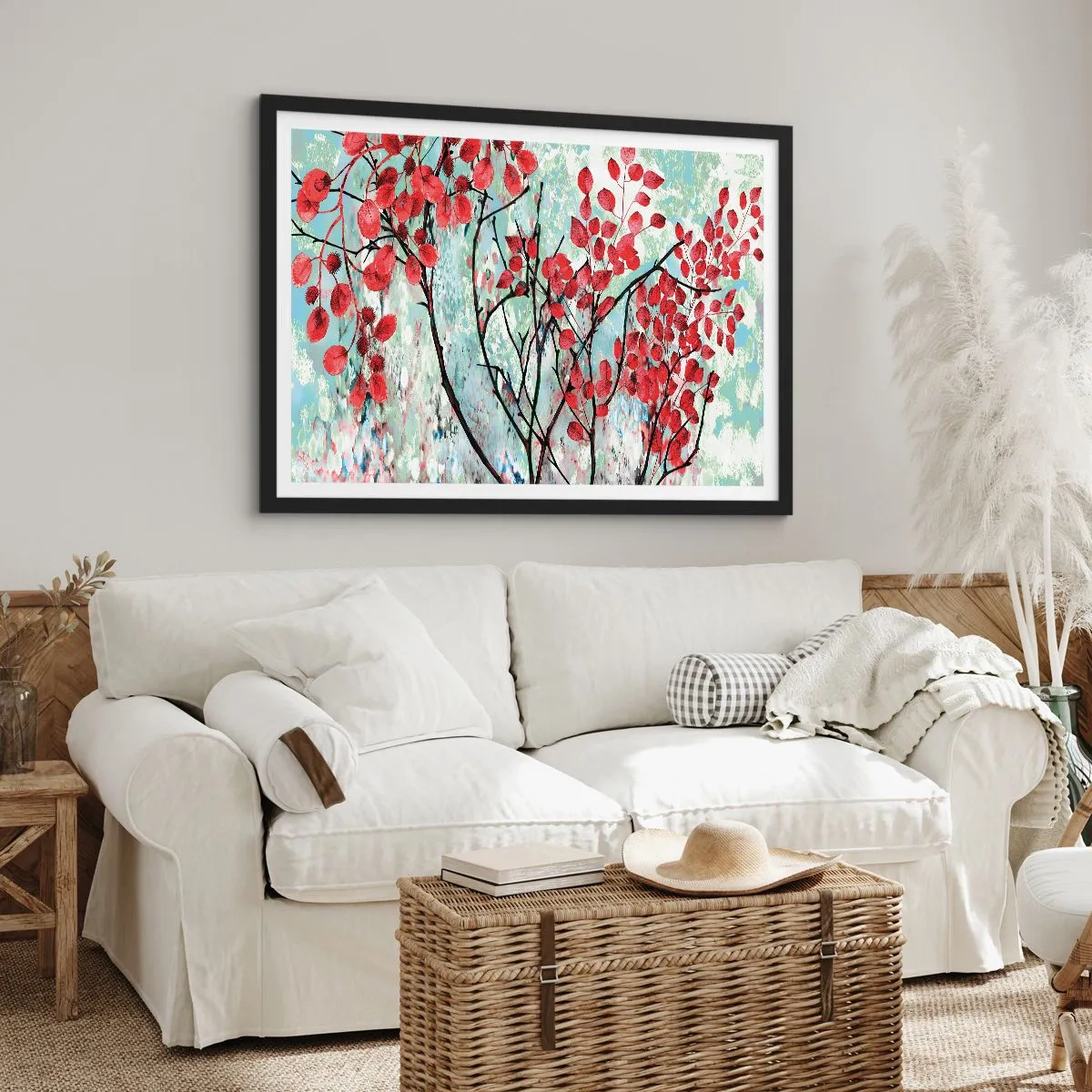 Plakat w czarnej ramie - Czerwone liście na tle jasnego nieba z abstrakcyjnymi wzorami - 70x50cm - Drzewo w szkarłacie - Nowoczesna dekoracja ścienna do salonu i sypialni ARTTOR
