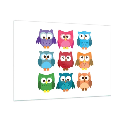 Obraz na szkle - Kolorowe sówki w rysunkowym stylu na białym tle - 100x70cm - Różnić można się zabawnie - Nowoczesna dekoracja ścienna do salonu, kuchni i sypialni ARTTOR