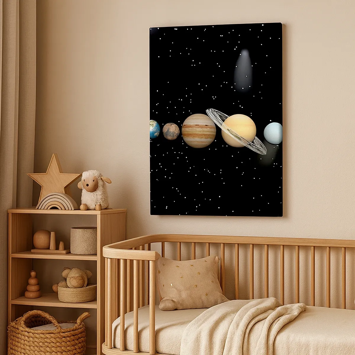 Obraz na płótnie - Układ planetarny na tle gwiazd w kosmosie - 50x70cm - A planety szaleją, szaleją… - Nowoczesna dekoracja ścienna do salonu, kuchni i sypialni ARTTOR