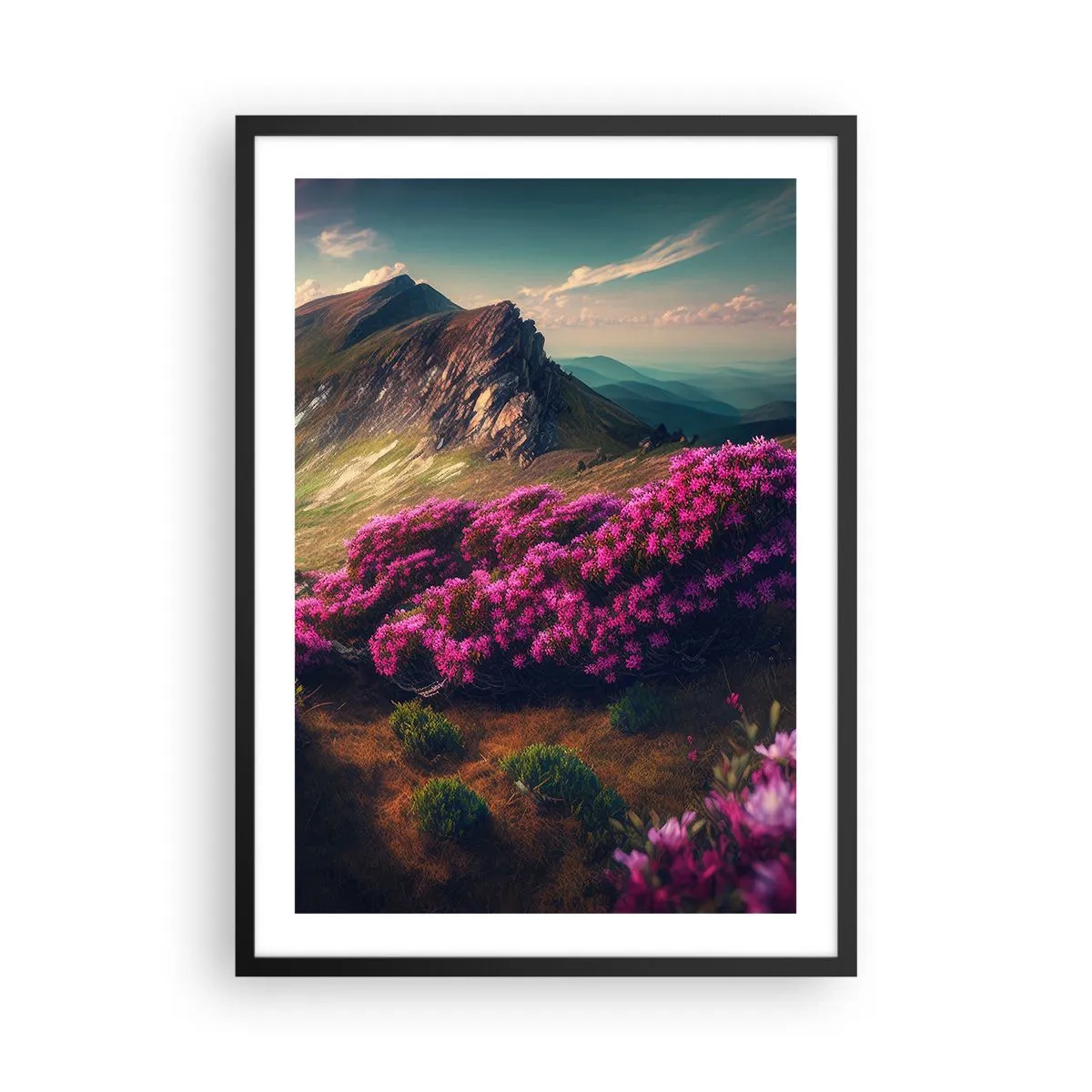 Plakat w czarnej ramie - Górski krajobraz z kwitnącymi rododendronami - 50x70cm - Lato w górach - Nowoczesna dekoracja ścienna do salonu i sypialni ARTTOR