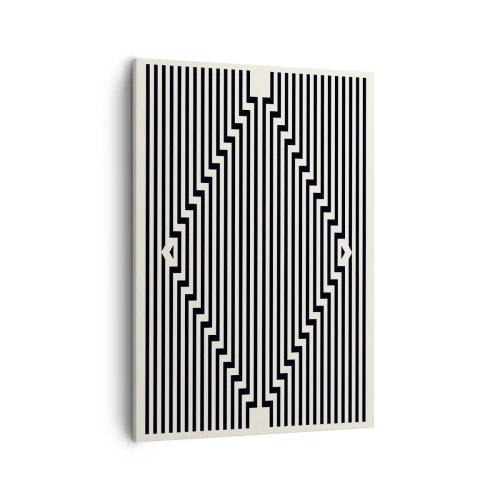 Obraz na płótnie - Hipnotyzująca kompozycja czarno-białych pionowych linii tworzących efekt optyczny. - 50x70cm - Geometryczna iluzja - Nowoczesna dekoracja ścienna do salonu, kuchni i sypialni ARTTOR