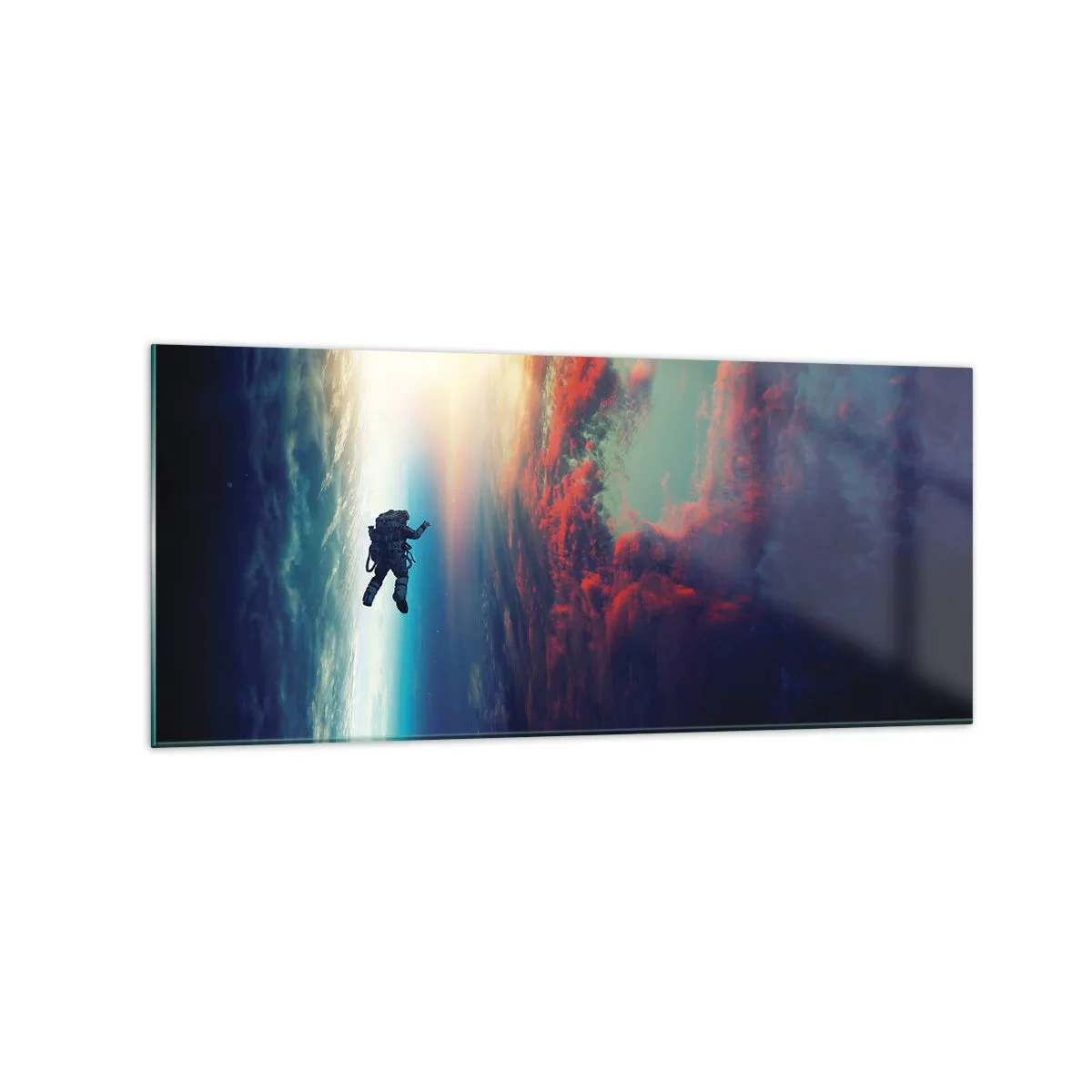 Obraz na szkle - Astronauta unoszący się w kosmosie nad kolorową Ziemią - 120x50cm - Mierzyć się ze wszechświatem - Nowoczesna dekoracja ścienna do salonu i sypialni ARTTOR